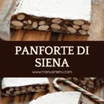 Slices of Panforte dusted with icing sugar on a wooden board with a candy cane.