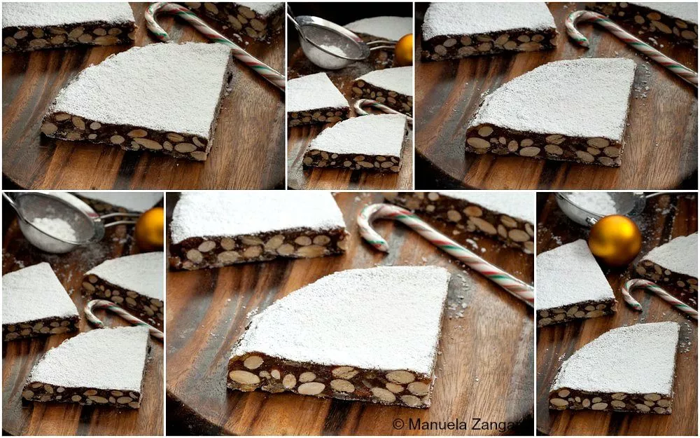 Collage showing traditional Panforte di Siena slices dusted with icing sugar, a classic Tuscan dessert.