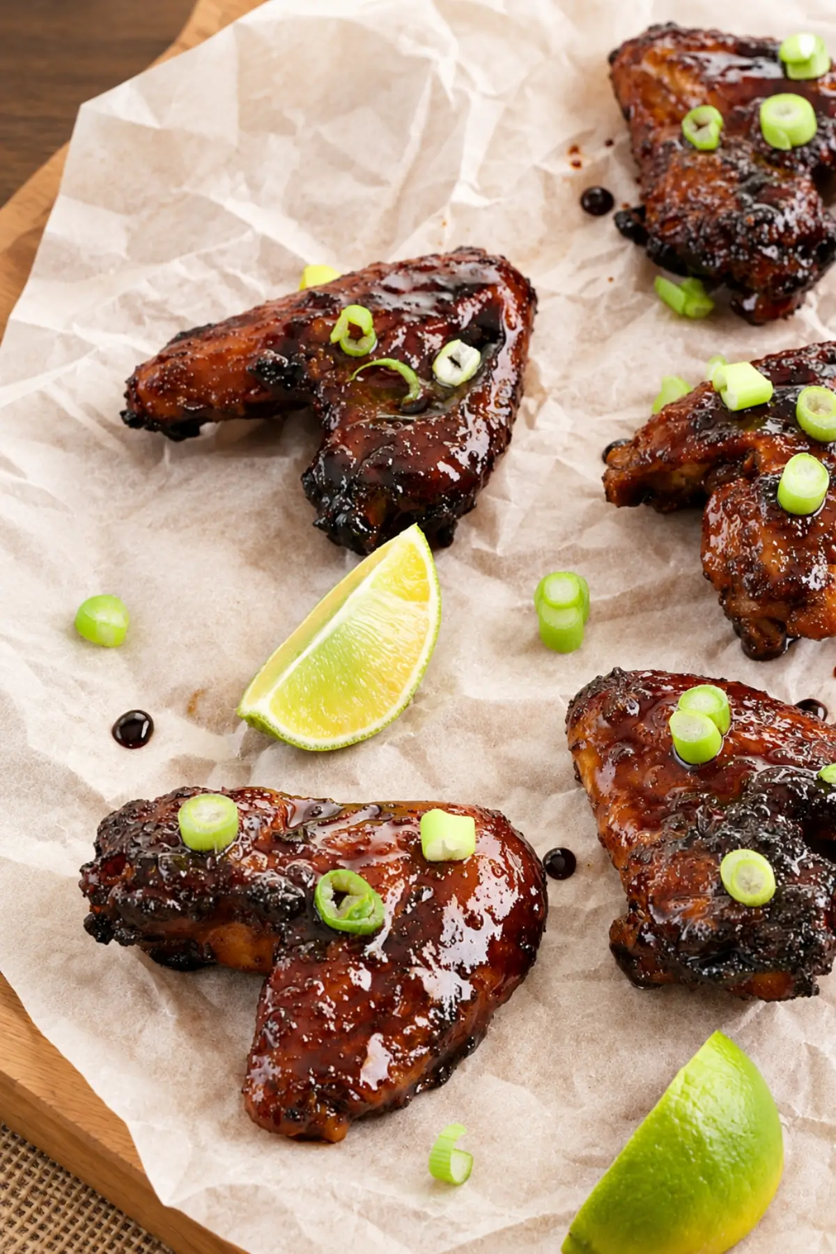 Sticky Chinese Chicken Wings served with spring onions and lime on baking paper.