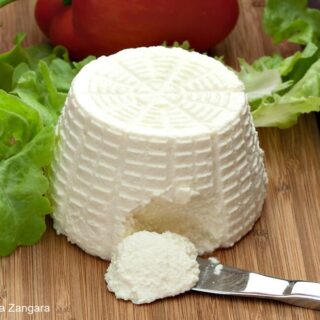 Goat’s milk ricotta with a small spoonful removed to show texture.