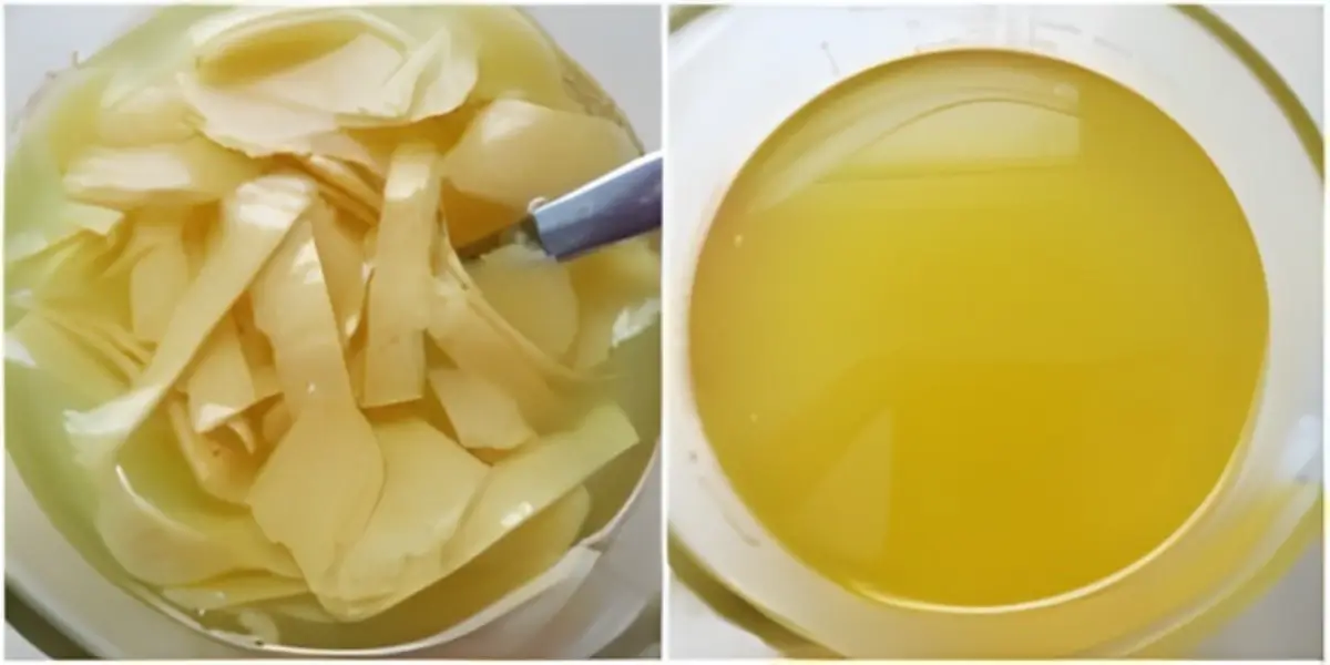 Grapefruit peels steeping in alcohol beside the infused yellow liquid after resting.