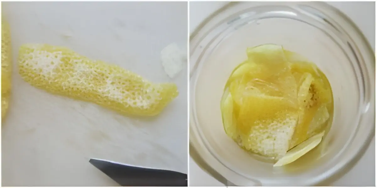 Grapefruit peels soaking in alcohol at the start of the infusion.