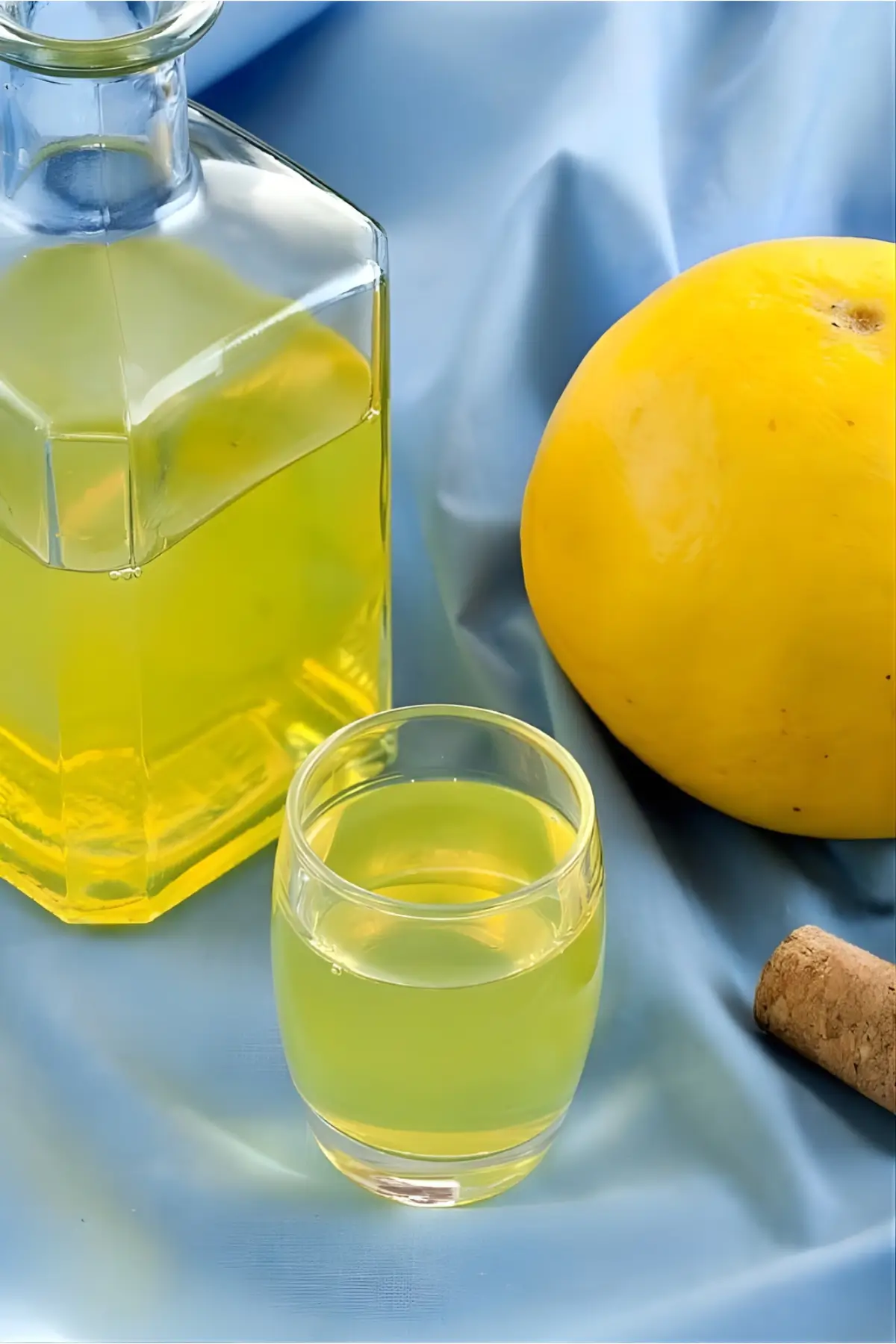 Bottle and small glass of homemade grapefruit liqueur next to a whole grapefruit on blue fabric.