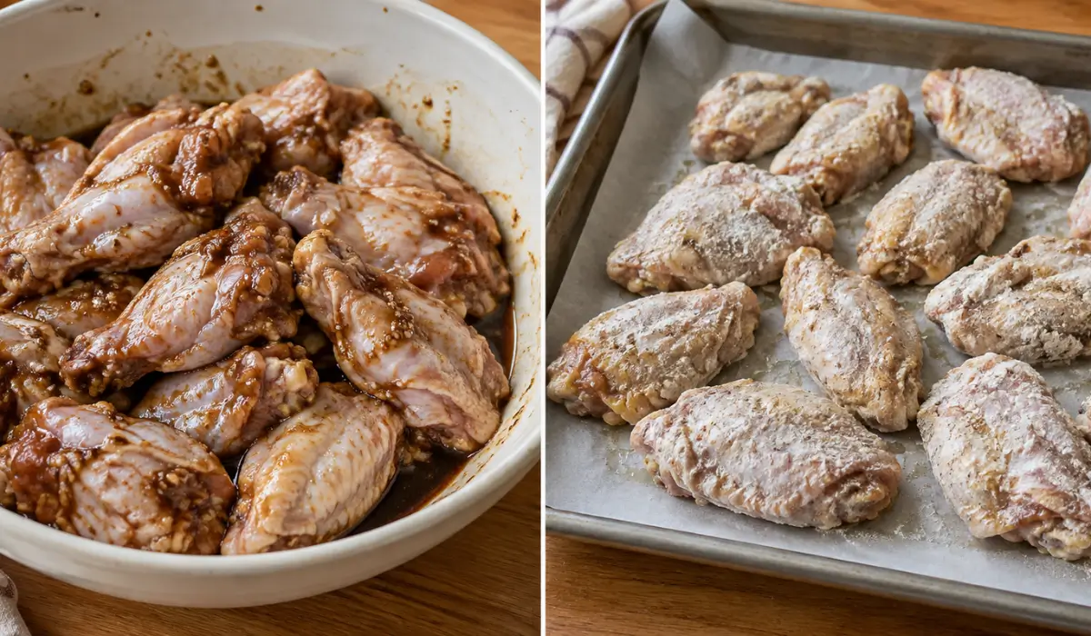 Marinated chicken wings beside wings coated with baking powder and arranged on a baking tray.