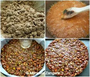 Step-by-step collage showing the Panforte di Siena process — mixing almonds, cooking honey syrup, and pressing the mixture into the pan before baking.