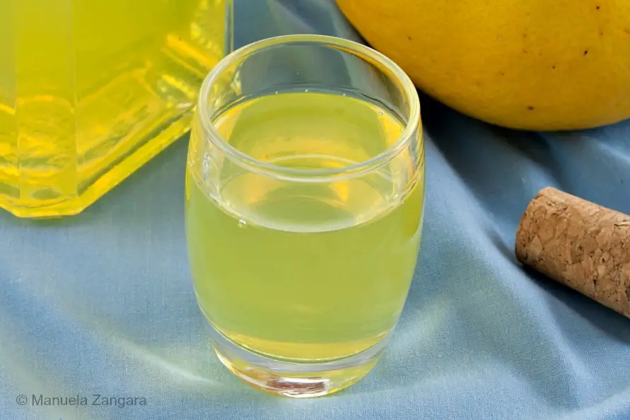 Close-up of a small glass filled with grapefruit liqueur.