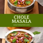 Chole masala served in a metal bowl with bhatura, onions, and fresh coriander.