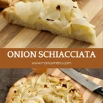 Close-up of sliced Onion Schiacciata showing soft crumb and caramelised onions.
