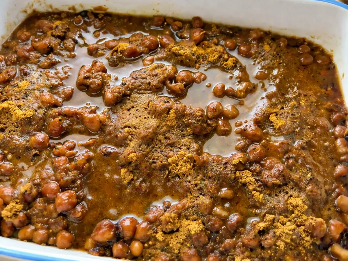 Cooked chickpeas topped with spice mix and hot ghee to bloom flavours.
