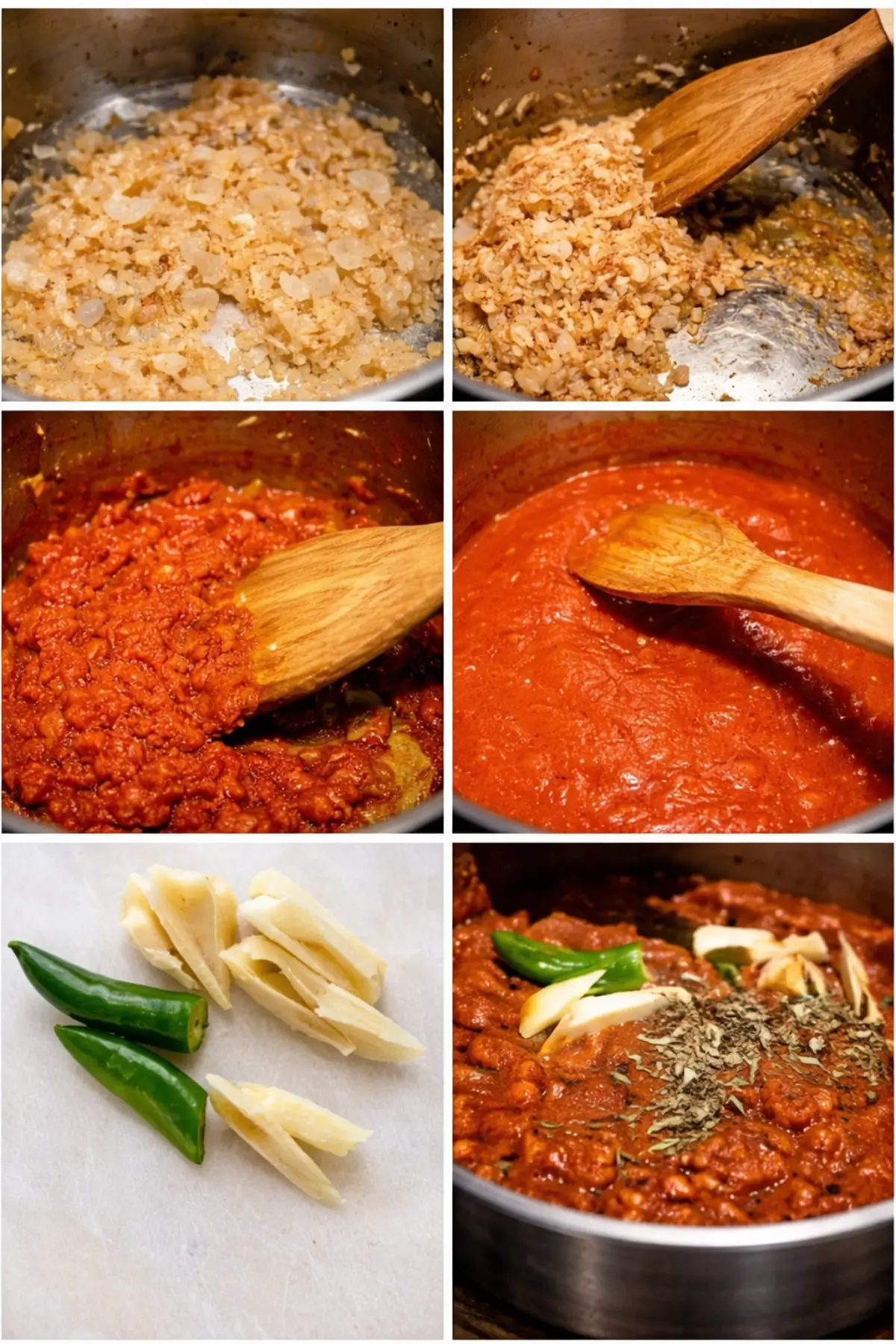 Step-by-step collage showing onions sautéing, tomato masala cooking, and spices added to curry base.