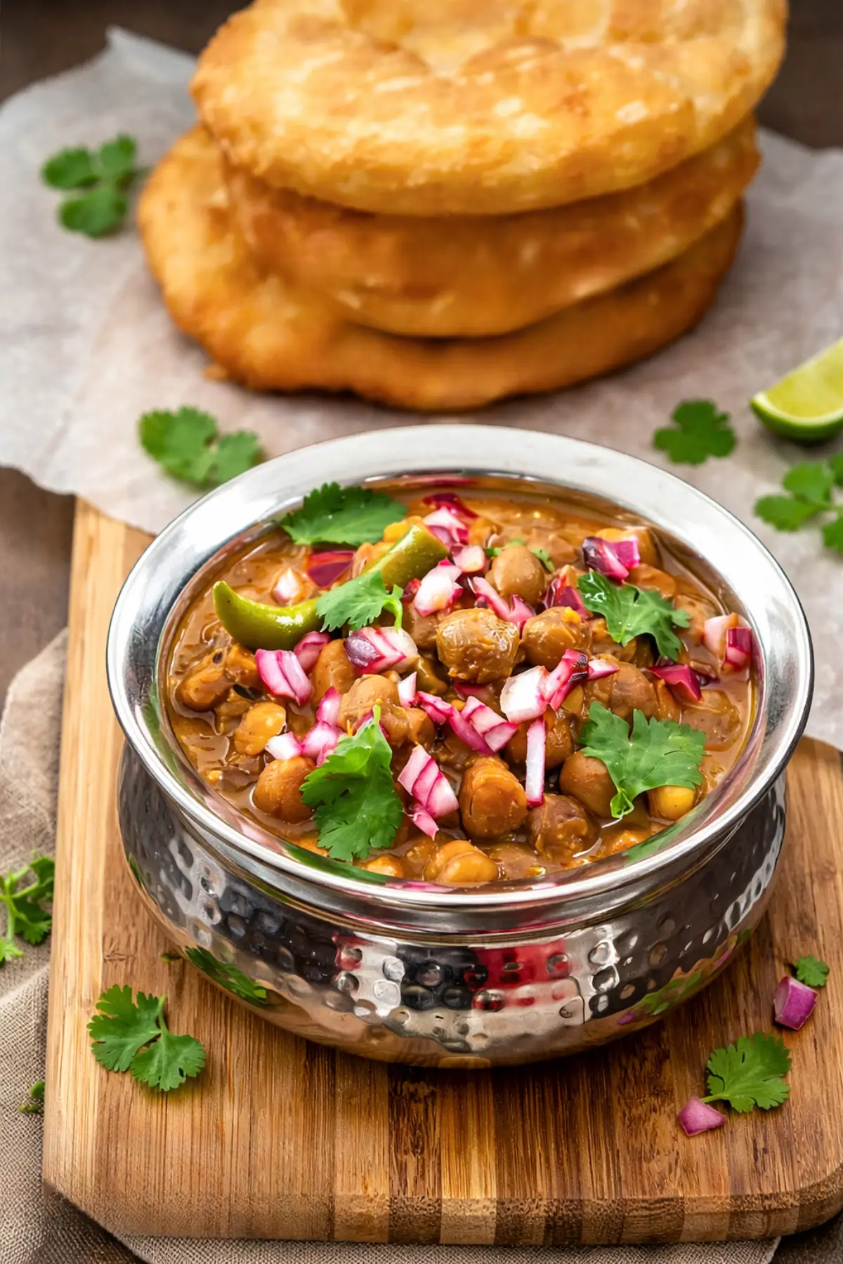 Chole masala served in a metal bowl with bhatura, onions, and fresh coriander.