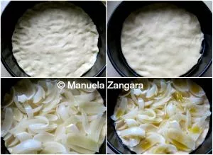 Dough spread in tins and topped with boiled onions before baking.