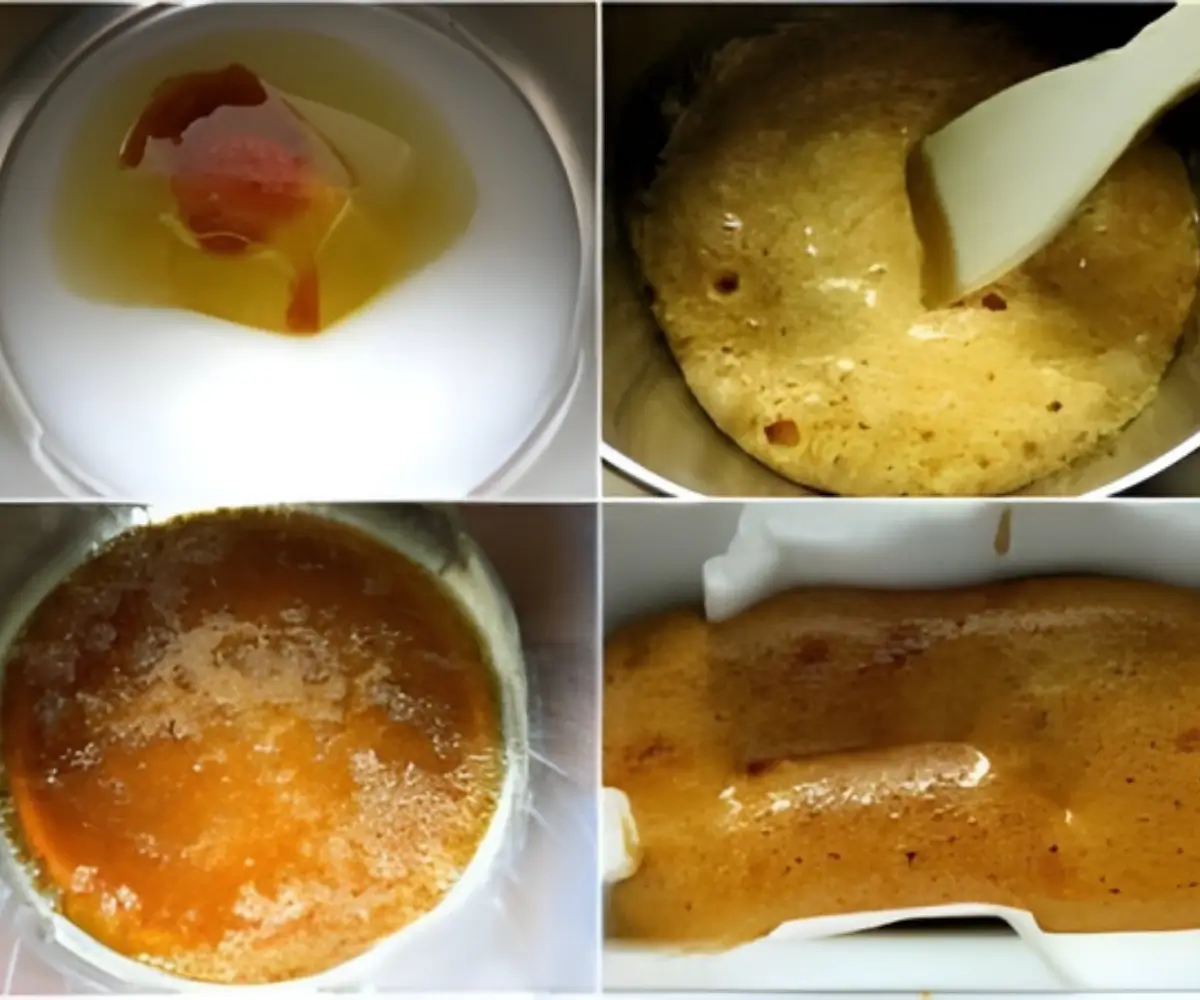 Collage of the honeycomb mixture at different cooking stages.