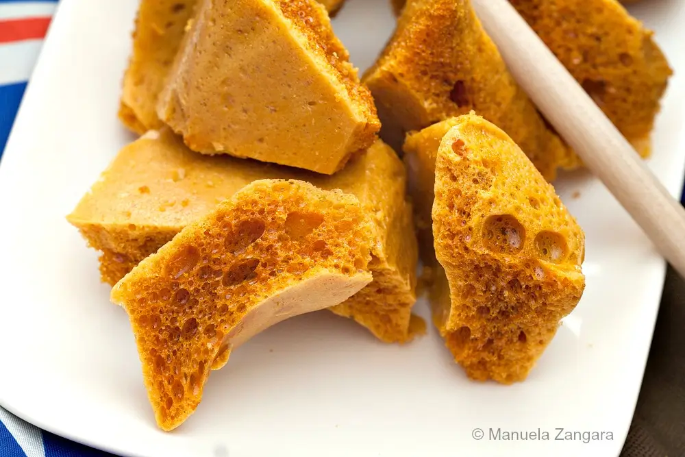 Plate of cut honeycomb pieces with a honey dipper on top.