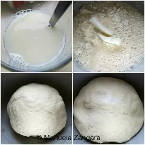 Yeast mixture, dough ingredients, and kneaded dough in mixing bowl.
