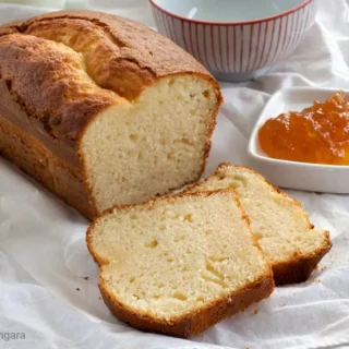 Whole yogurt plumcake loaf with sliced pieces and jam.
