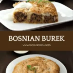 Bosnian Burek made with flaky filo pastry filled with seasoned meat, served with yoghurt on the side and garnished with parsley.