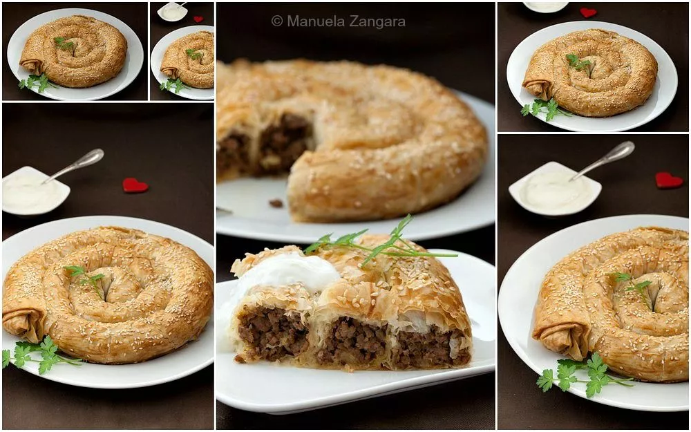 Collage of baked Bosnian burek spiral and a sliced serving topped with yoghurt and parsley.