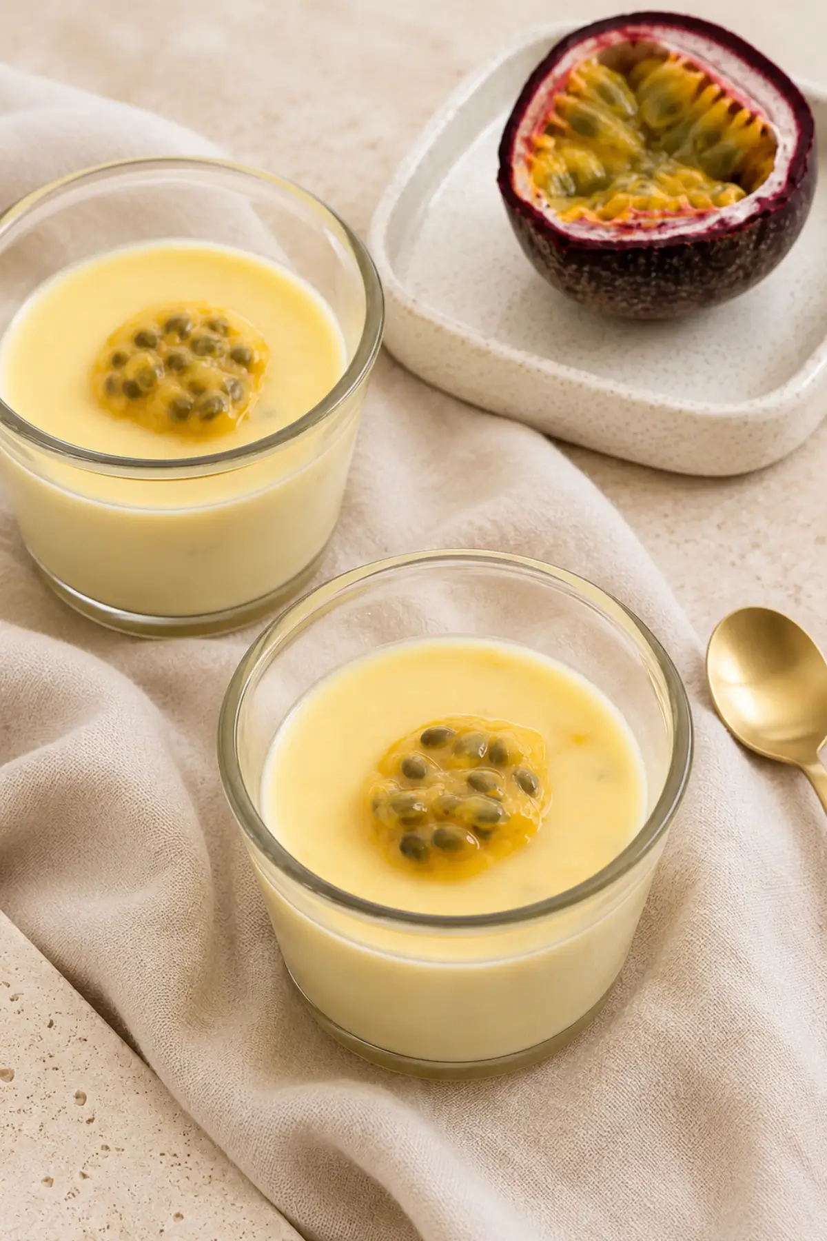Creamy chilled possets in glass cups topped with fresh passion fruit beside a halved passion fruit.