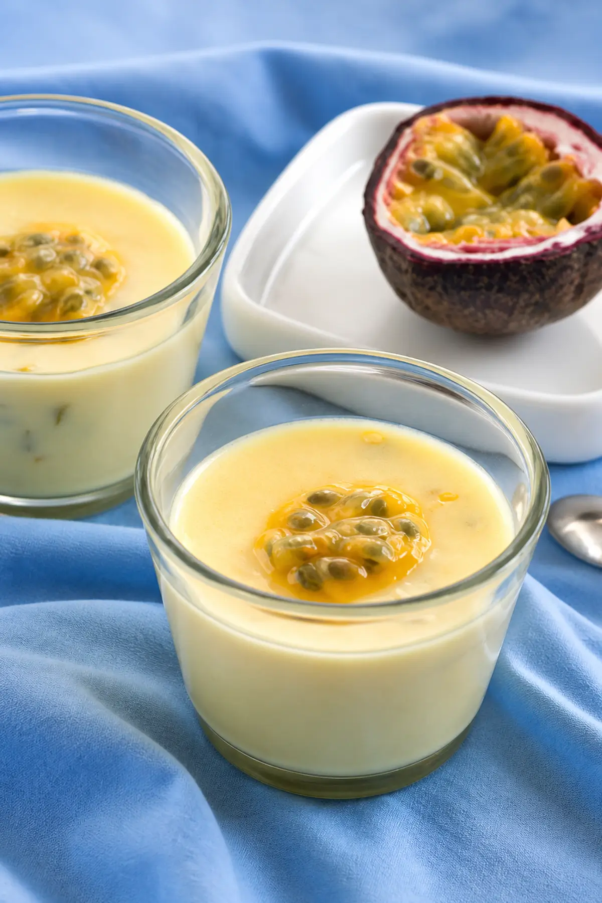 Chilled cream possets topped with passion fruit pulp beside fresh passion fruit halves.