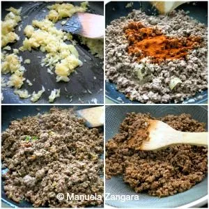 Step-by-step collage showing how to cook the meat filling for burek with onion, paprika, and parsley.
