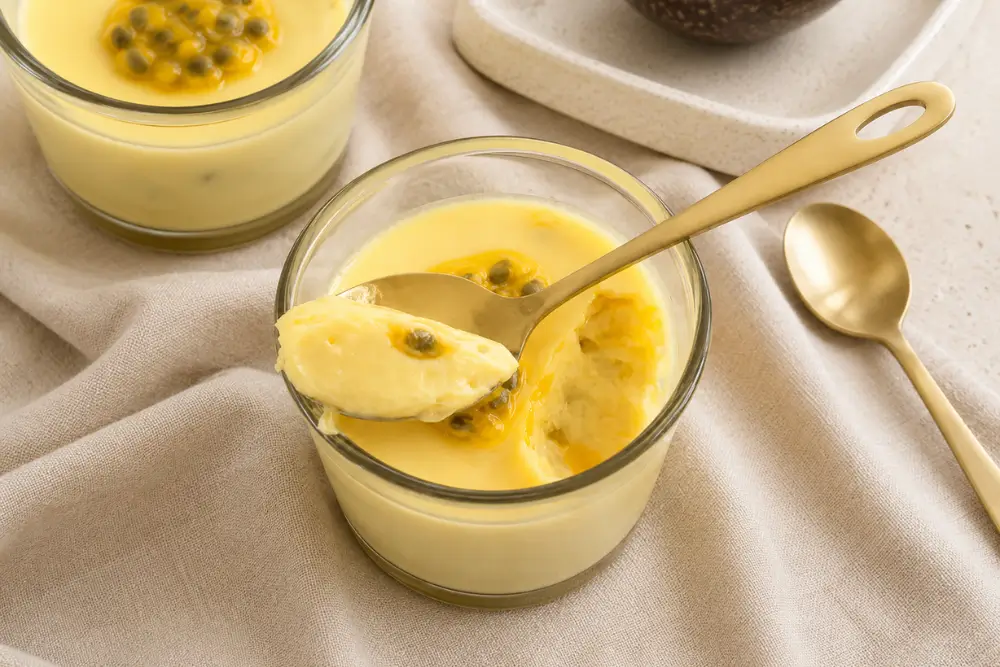 Creamy passion fruit desserts served in glass cups.