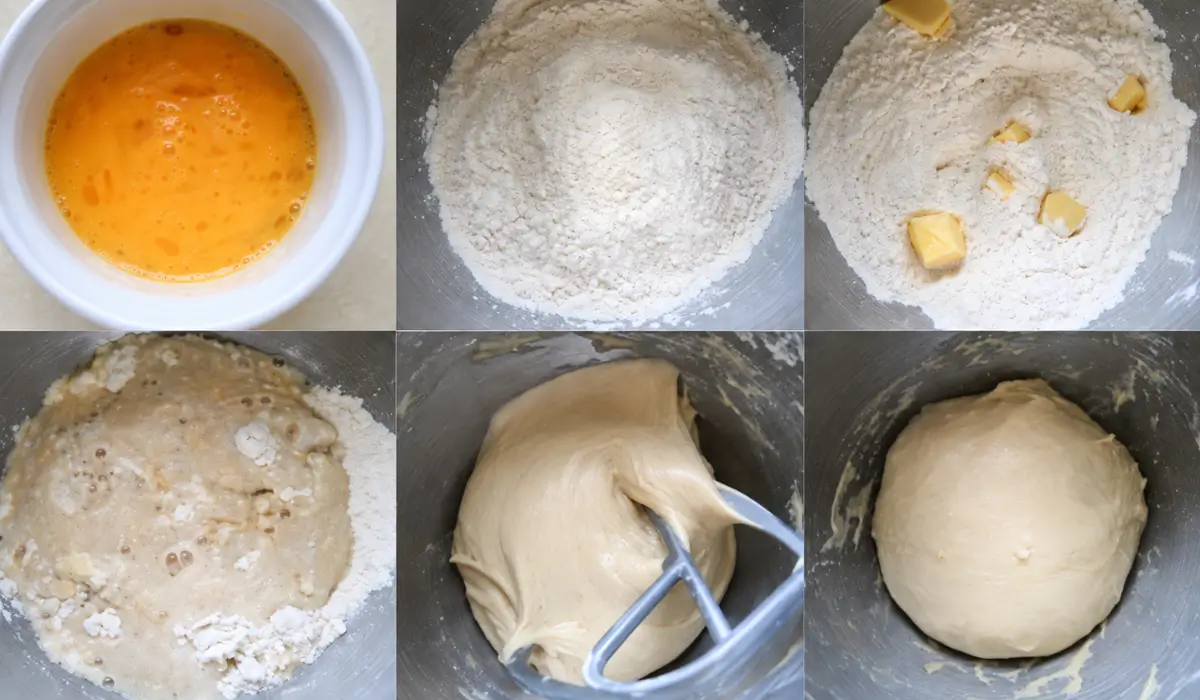 Burger bun dough prepared with flour, butter, yeast mixture and beaten egg.