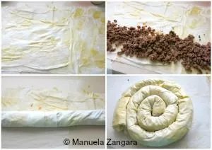 Step-by-step collage showing how to layer filo pastry, add meat filling, roll, and shape the burek spiral.