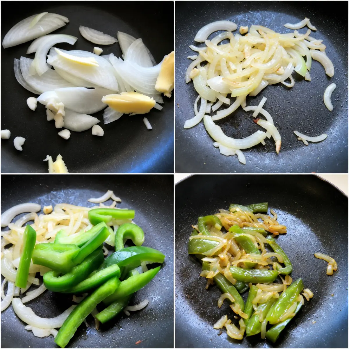 Sliced onions, garlic and green peppers cooked together in a frying pan.