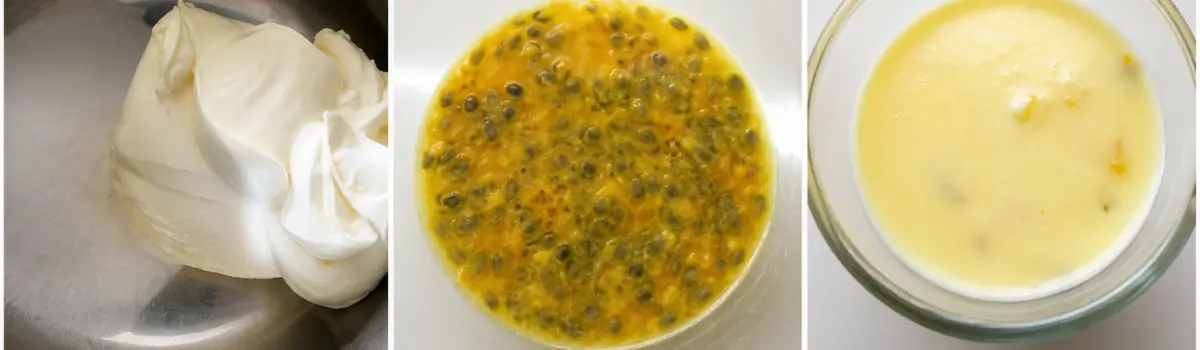 Double cream, fresh passion fruit pulp, and prepared posset mixture shown before chilling.