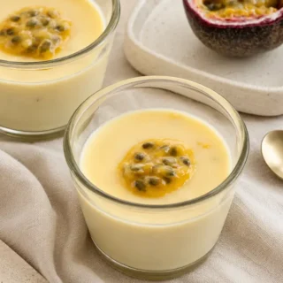 Two chilled passion fruit desserts served in glass cups with fresh passion fruit and a gold spoon.