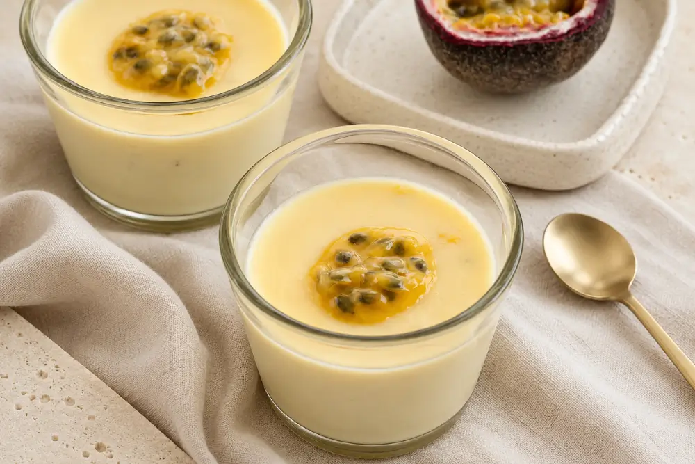 Two chilled passion fruit desserts served in glass cups with fresh passion fruit and a gold spoon.