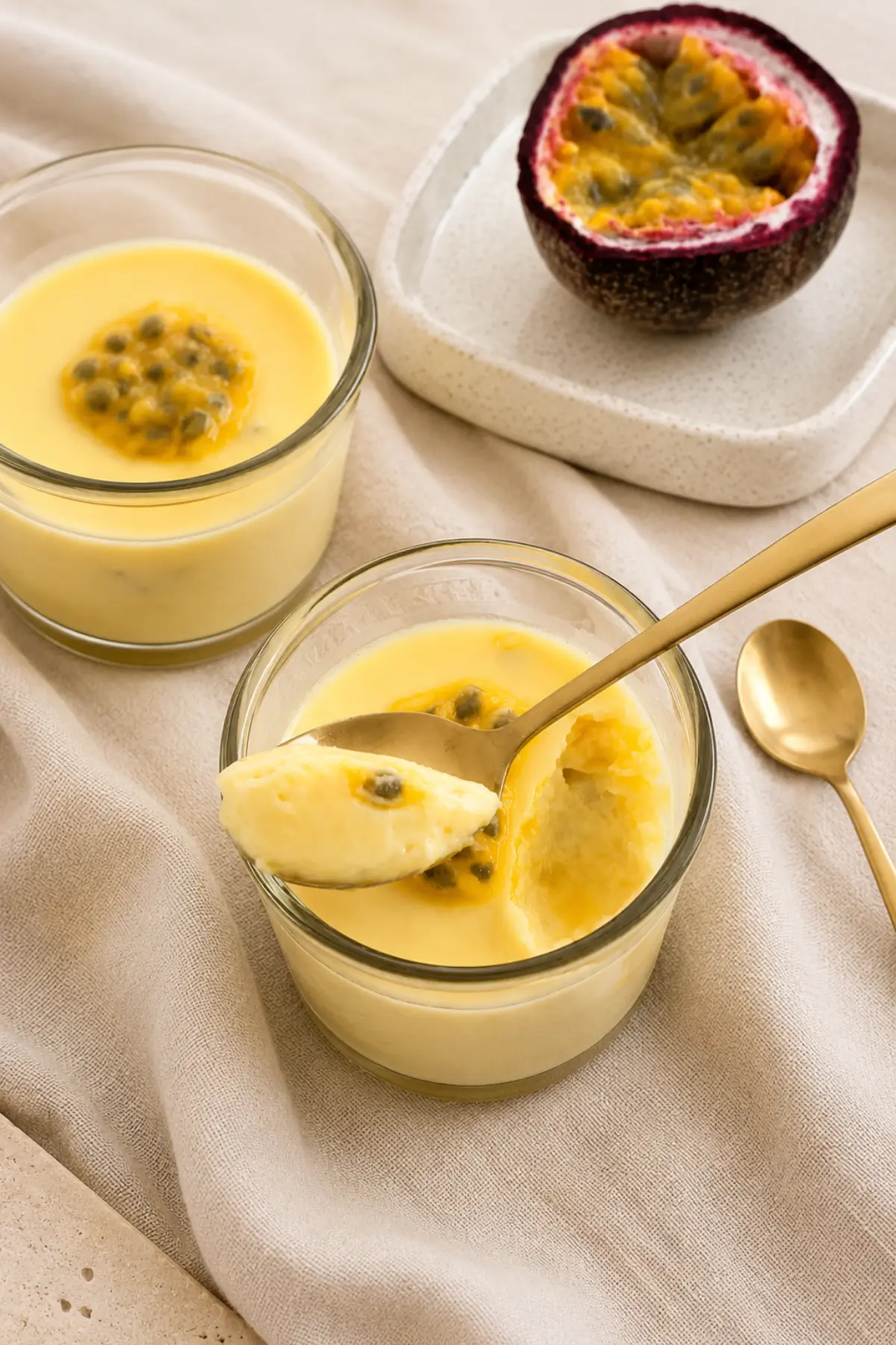 Spoon lifting a creamy Passion Fruit Posset from a serving glass with fresh passion fruit topping.