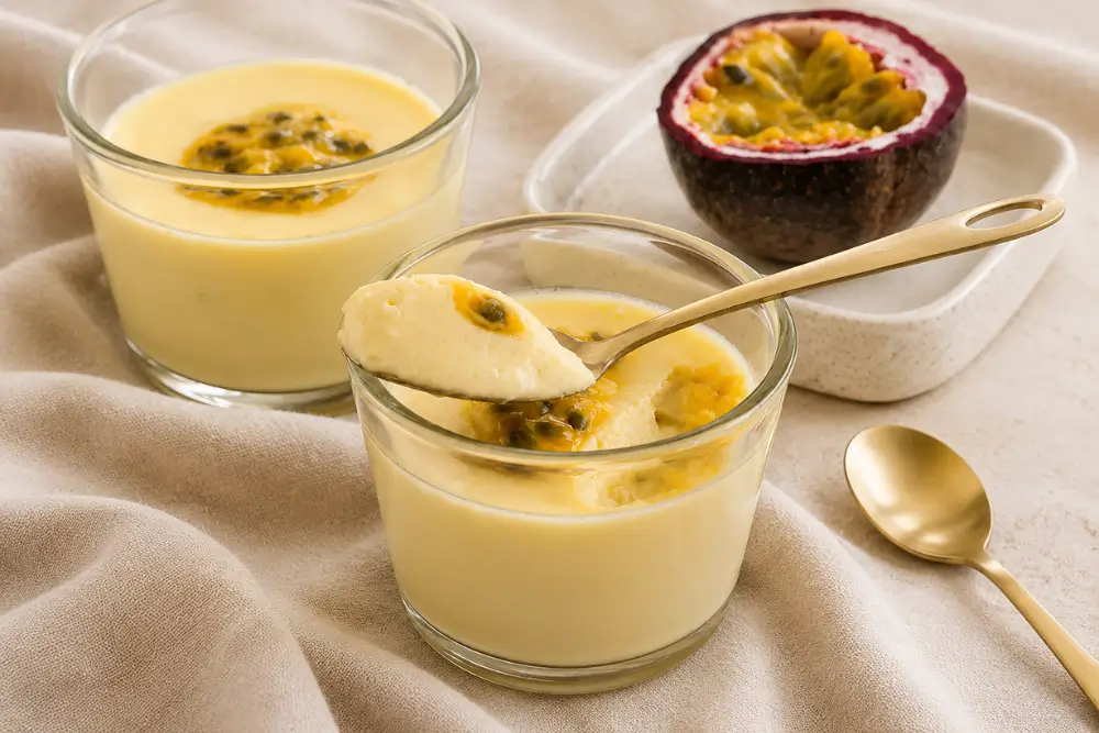 Spoonful of creamy passion fruit dessert above a serving glass with a fresh scoop missing.