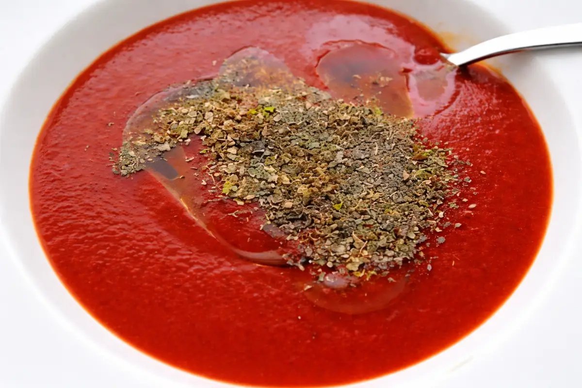 Tomato purée mixed with olive oil and oregano, ready to use for tuna pizza toppings.