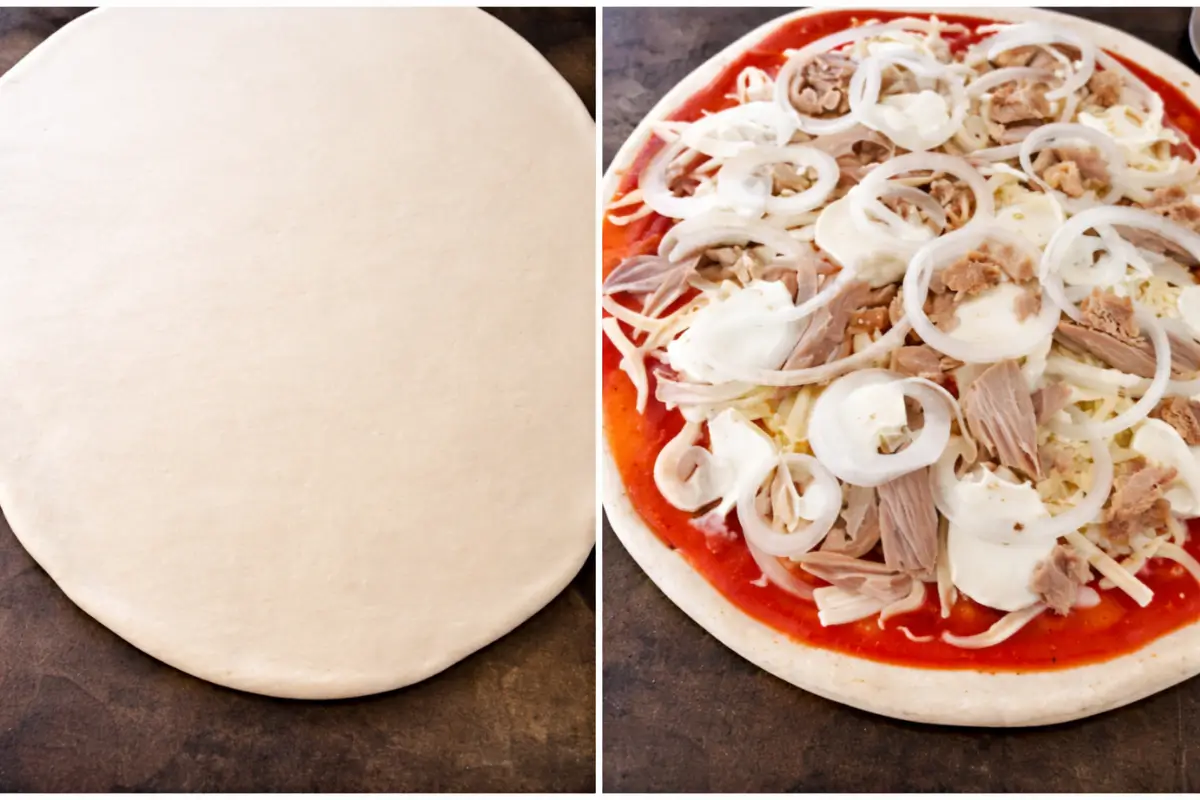 Rolled pizza dough beside a tuna onion pizza topped with tomato sauce, mozzarella, tuna, and sliced onions before baking.