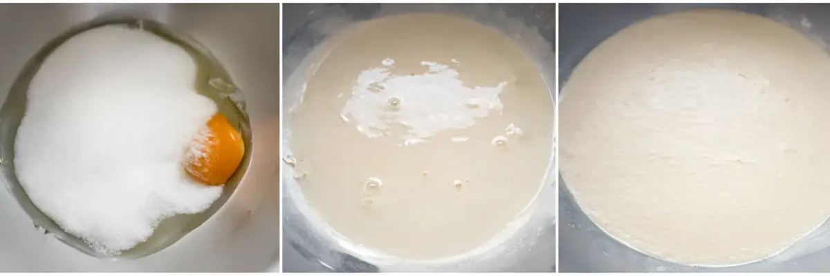 Collage showing egg and sugar in a bowl, then beaten until pale and fluffy.