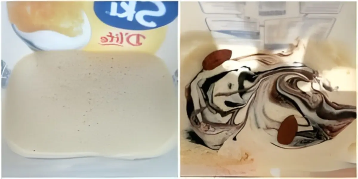 Collage showing whipped cream mixture, then layered with chocolate syrup and almonds before freezing.