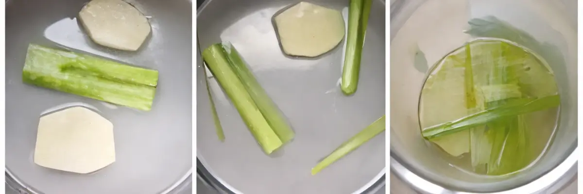 Ginger slices and bruised lemongrass simmering in a small saucepan with water and sugar.