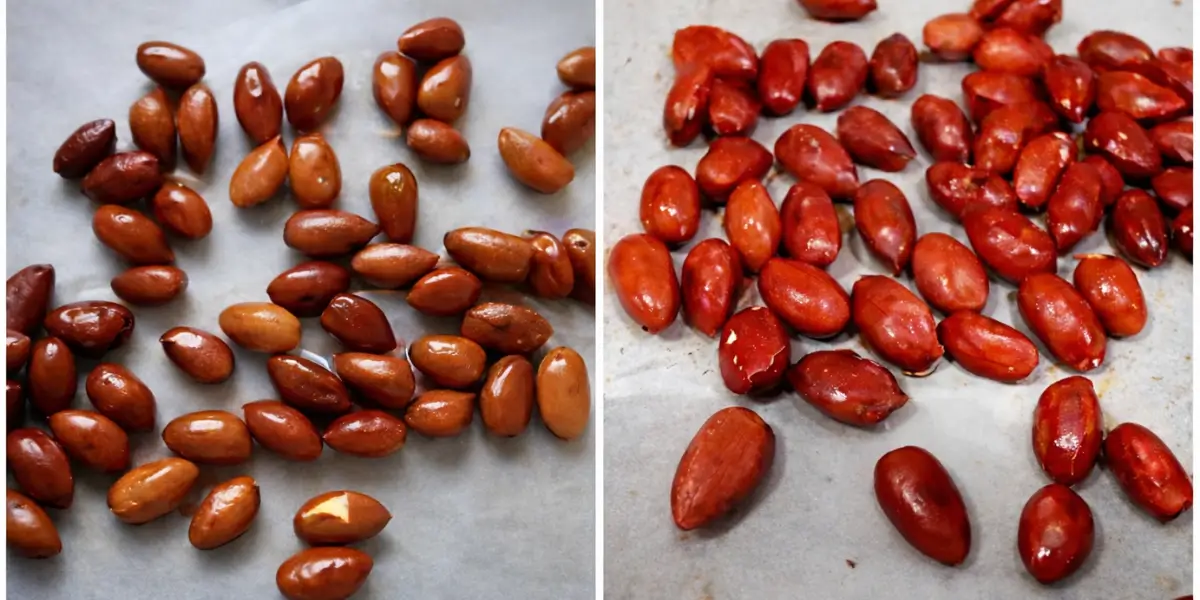 Collage showing almonds coated with olive oil before roasting and salted almonds after roasting on baking paper.