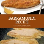A plated serving of Crumbed Barramundi with vegetables and a lemon wedge.