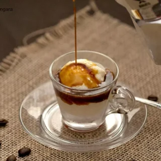 Hot espresso being poured over a scoop of gelato to make a classic Affogato al Caffè, an Italian coffee dessert.