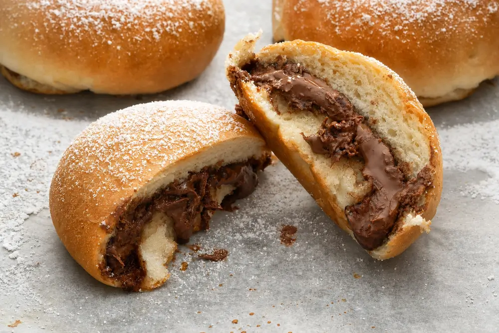 Baked Nutella Iris dusted with icing sugar and filled with creamy chocolate hazelnut spread.