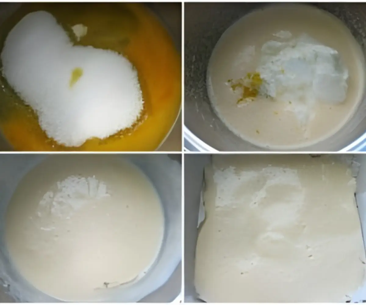 Collage showing eggs and sugar being beaten, yoghurt and lemon zest added, the custard mixture smoothed out, and the first layer poured into the tray.