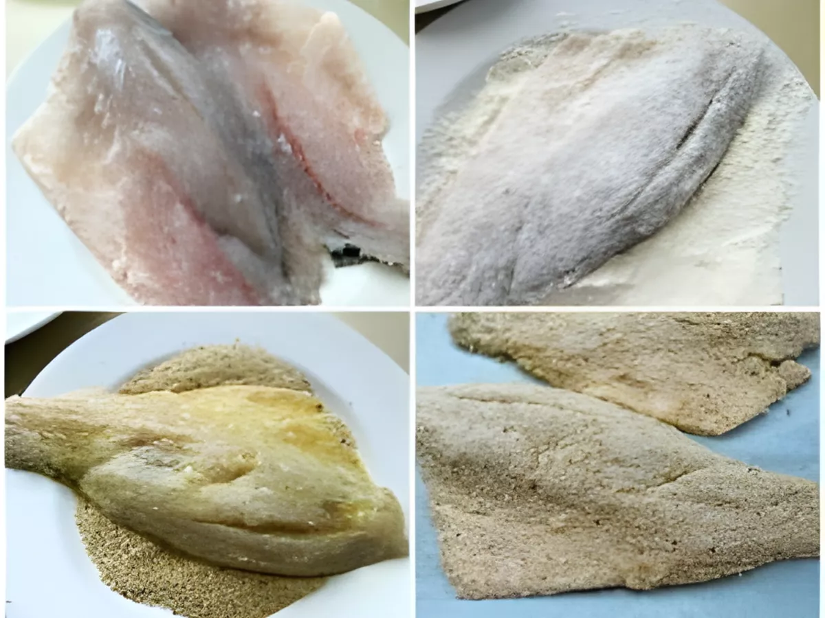 A collage showing the steps of dredging Barramundi fillets in flour, egg, and breadcrumbs.