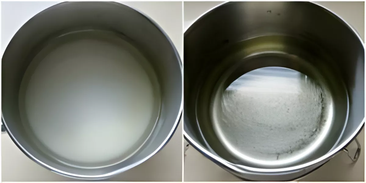 Sugar and water in a saucepan before and after heating to make syrup for homemade mango liqueur recipe.