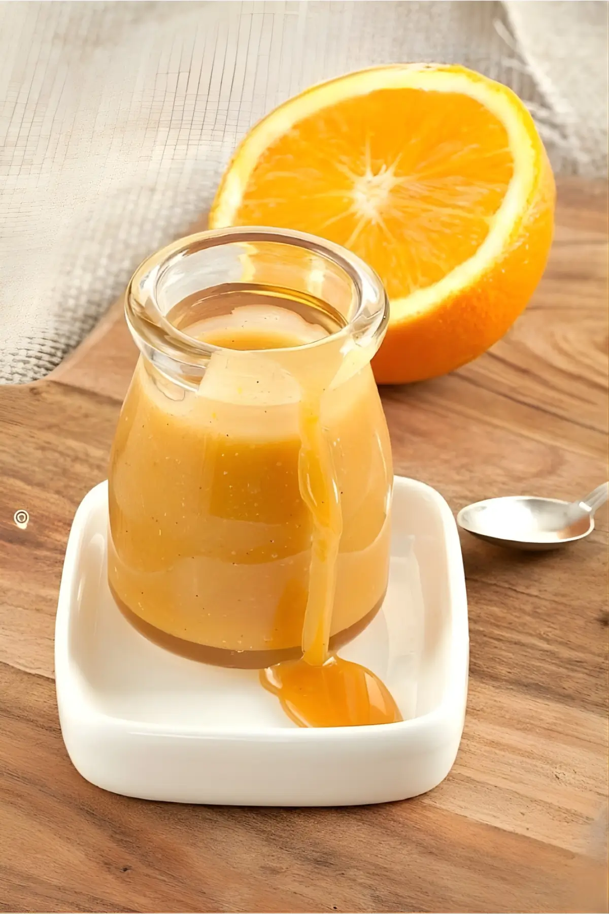 Small glass jar of homemade orange caramel sauce dripping down the side, set on a white dish with a halved orange behind it.