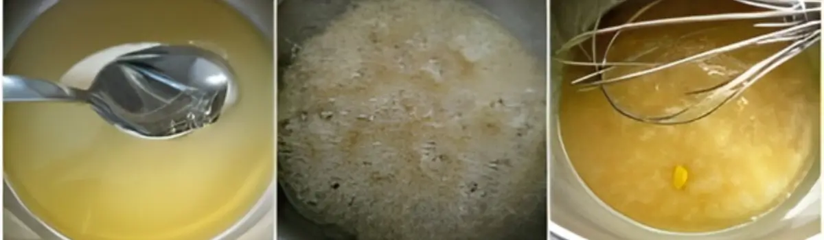 Three-step collage showing the caramel mixture melting, bubbling, and being whisked with orange zest.