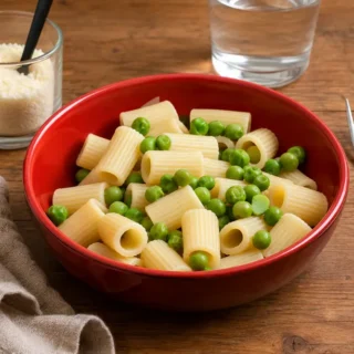 Short pasta and green peas served with Pecorino Romano and black pepper.