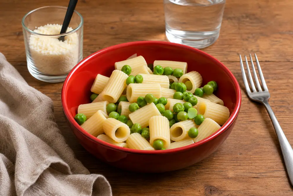 Short pasta and green peas served with Pecorino Romano and black pepper.